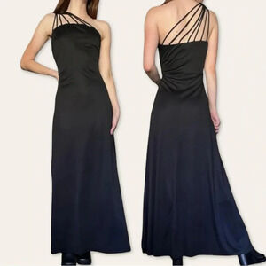 70s vintage black strappy one shoulder evening gown/prom dress (Small)